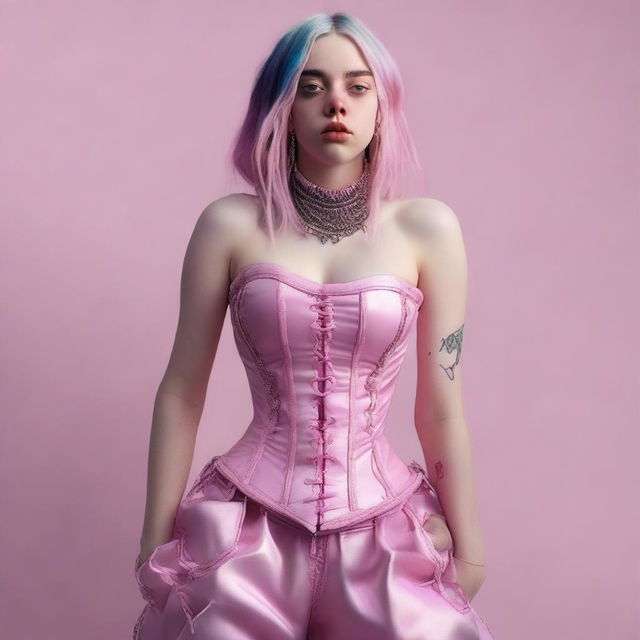 An ultra-realistic full-body photo of Billie Eilish wearing a pink corset