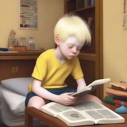 An eight-year-old albino indigenous boy with blonde hair and yellow eyes, looking at a book inside his room