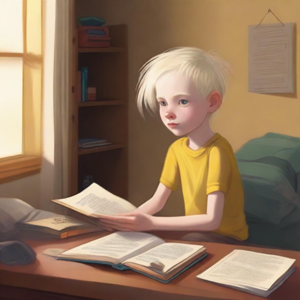 An eight-year-old albino indigenous boy with blonde hair and yellow eyes, looking at a book inside his room