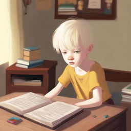 An eight-year-old albino indigenous boy with blonde hair and yellow eyes, looking at a book inside his room