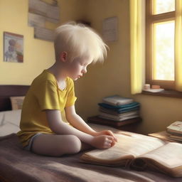 An eight-year-old albino indigenous boy with blonde hair and yellow eyes, looking at a book inside his room