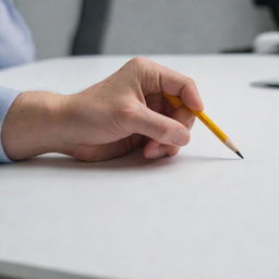 A hand gripping and lifting a pencil off an office desk