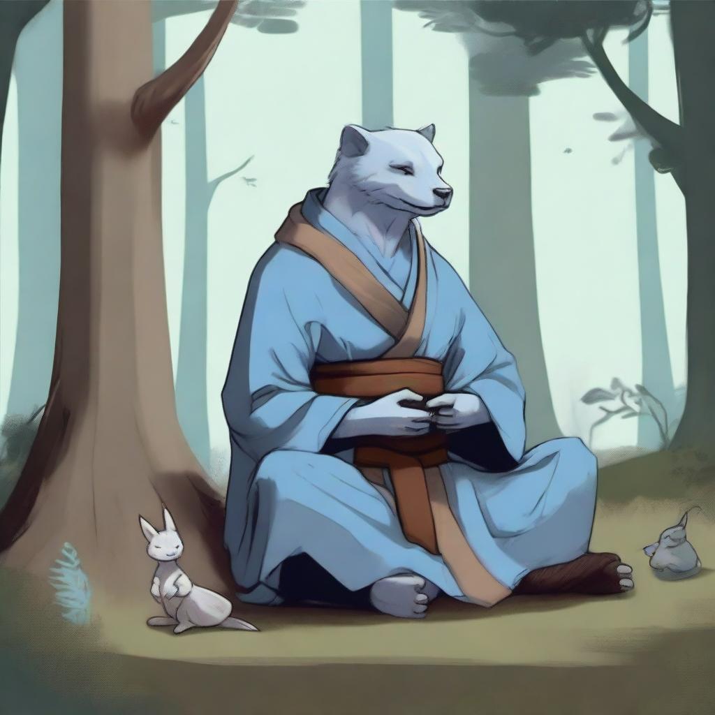 A dragonborn monk with pale blue skin, wearing hermit style clothes, meditating in a serene forest