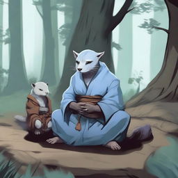 A dragonborn monk with pale blue skin, wearing hermit style clothes, meditating in a serene forest