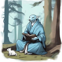 A dragonborn monk with pale blue skin, wearing hermit style clothes, meditating in a serene forest