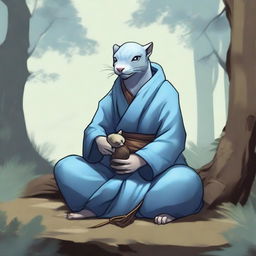 A dragonborn monk with pale blue skin, wearing hermit style clothes, meditating in a serene forest