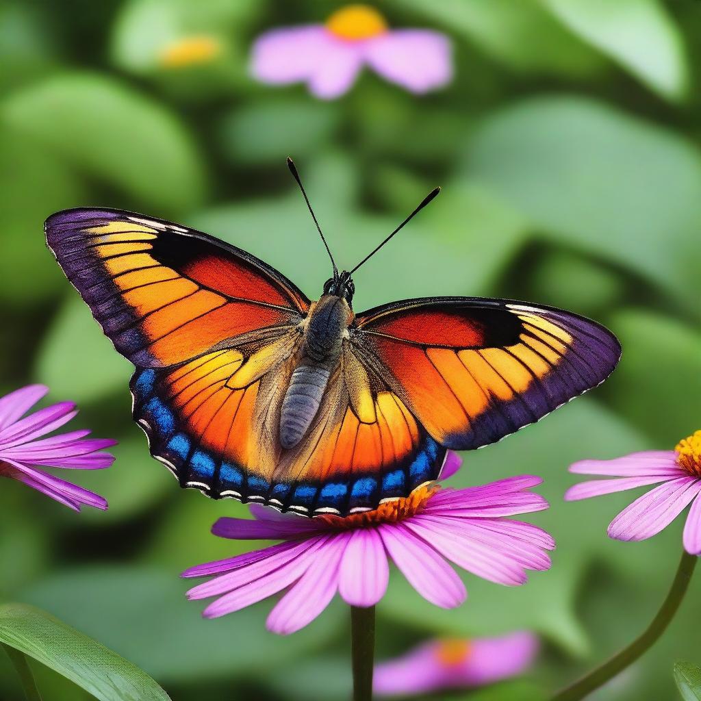 A realistic photograph of a butterfly in its natural habitat, showcasing its vibrant colors and delicate wings