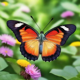 A realistic photograph of a butterfly in its natural habitat, showcasing its vibrant colors and delicate wings