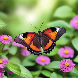 A realistic photograph of a butterfly in its natural habitat, showcasing its vibrant colors and delicate wings