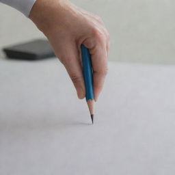 A hand gripping and lifting a pencil off an office desk