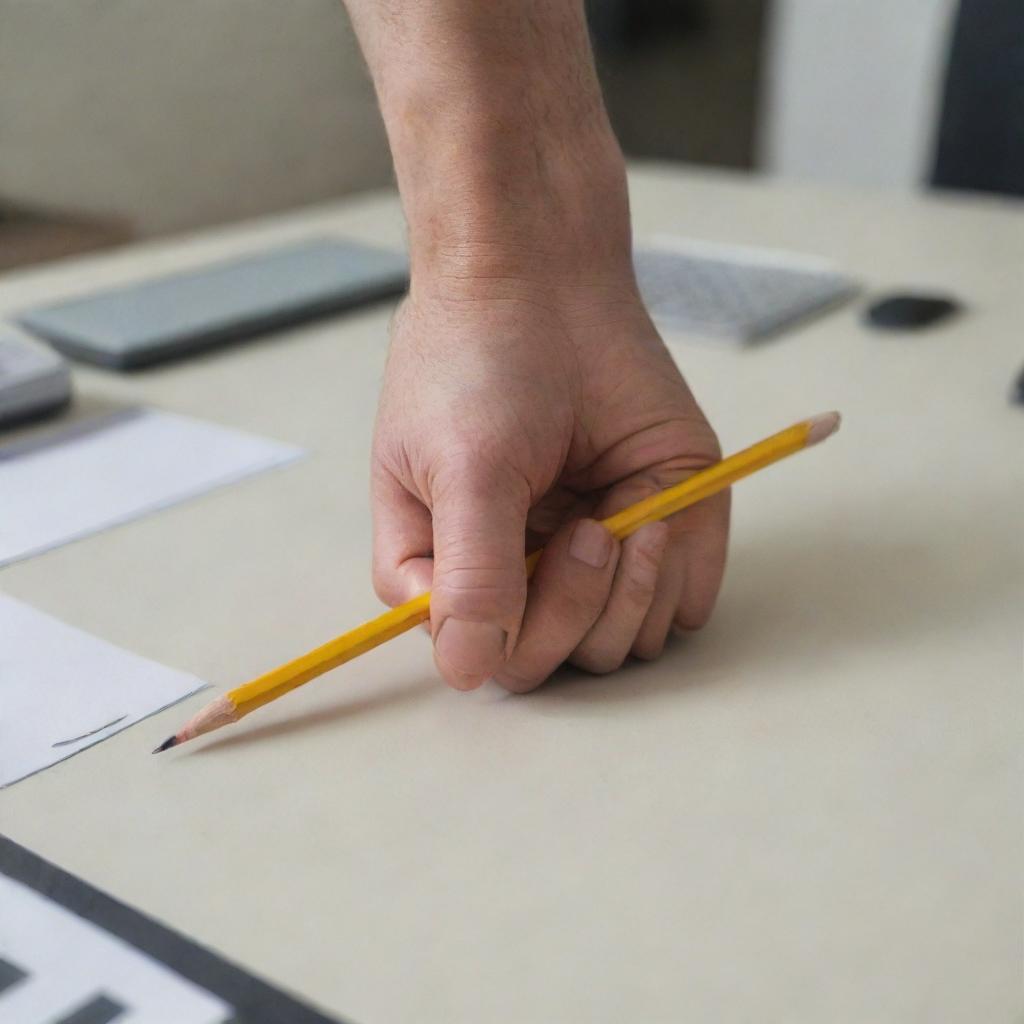 A hand gripping and lifting a pencil off an office desk