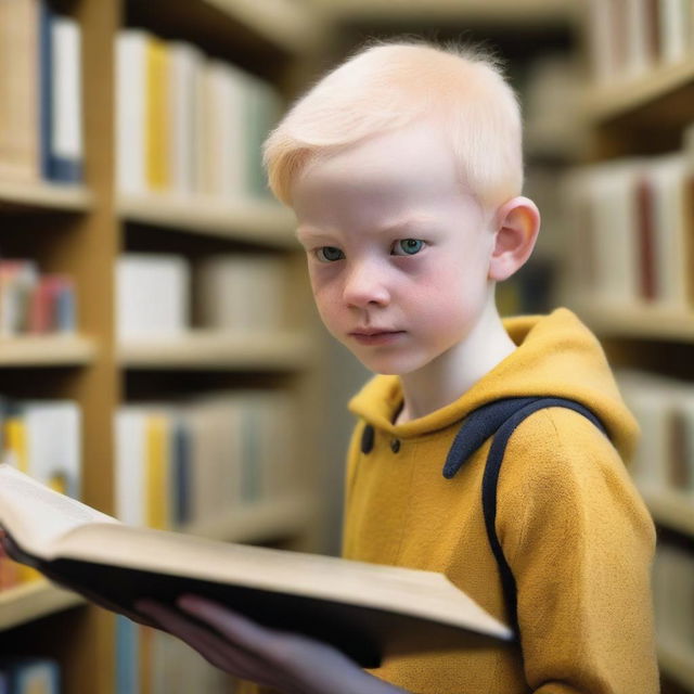 An eight-year-old indigenous boy with albinism, blonde hair, and yellow eyes, inside a library looking at a book