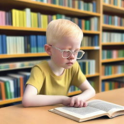 An eight-year-old indigenous boy with albinism, blonde hair, and yellow eyes, inside a library looking at a book