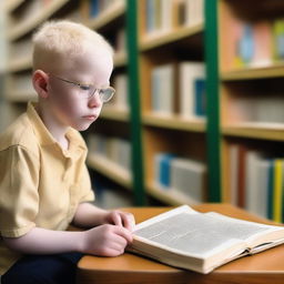 An eight-year-old indigenous boy with albinism, blonde hair, and yellow eyes, inside a library looking at a book