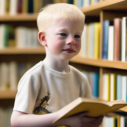 An eight-year-old indigenous boy with albinism, blonde hair, and yellow eyes, inside a library looking at a book