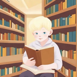 An eight-year-old albino indigenous boy with blonde hair and yellow eyes, looking at a book inside a library