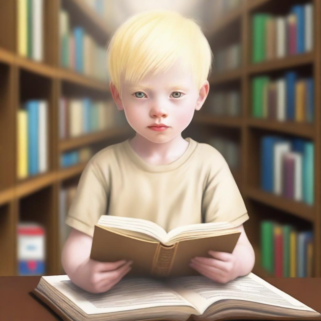 An eight-year-old albino indigenous boy with blonde hair and yellow eyes, looking at a book inside a library