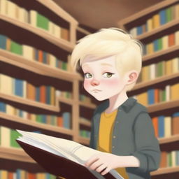 An eight-year-old albino indigenous boy with blonde hair and yellow eyes, looking at a book inside a library