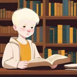 An eight-year-old albino indigenous boy with blonde hair and yellow eyes, looking at a book inside a library