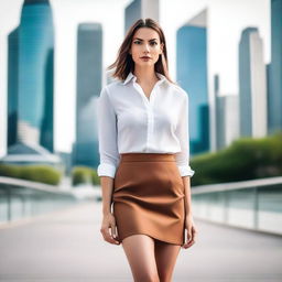 A stylish woman wearing a short skirt walking confidently outside, with a modern cityscape in the background