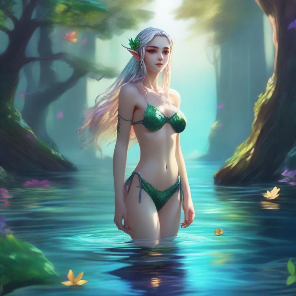 A fantasy elf character with an athletic build, wearing a swimsuit, standing by the water