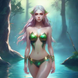 A fantasy elf character with an athletic build, wearing a swimsuit, standing by the water