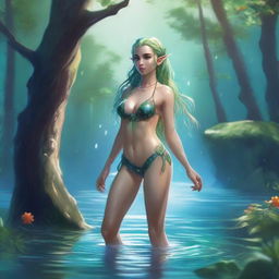 A fantasy elf character with an athletic build, wearing a swimsuit, standing by the water