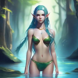 A fantasy elf character with an athletic build, wearing a swimsuit, standing by the water