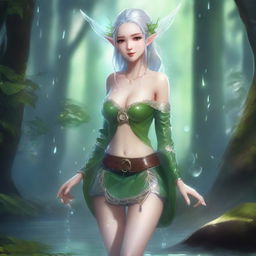 A fantasy elf character with a detailed and elegant appearance, wearing a miniskirt