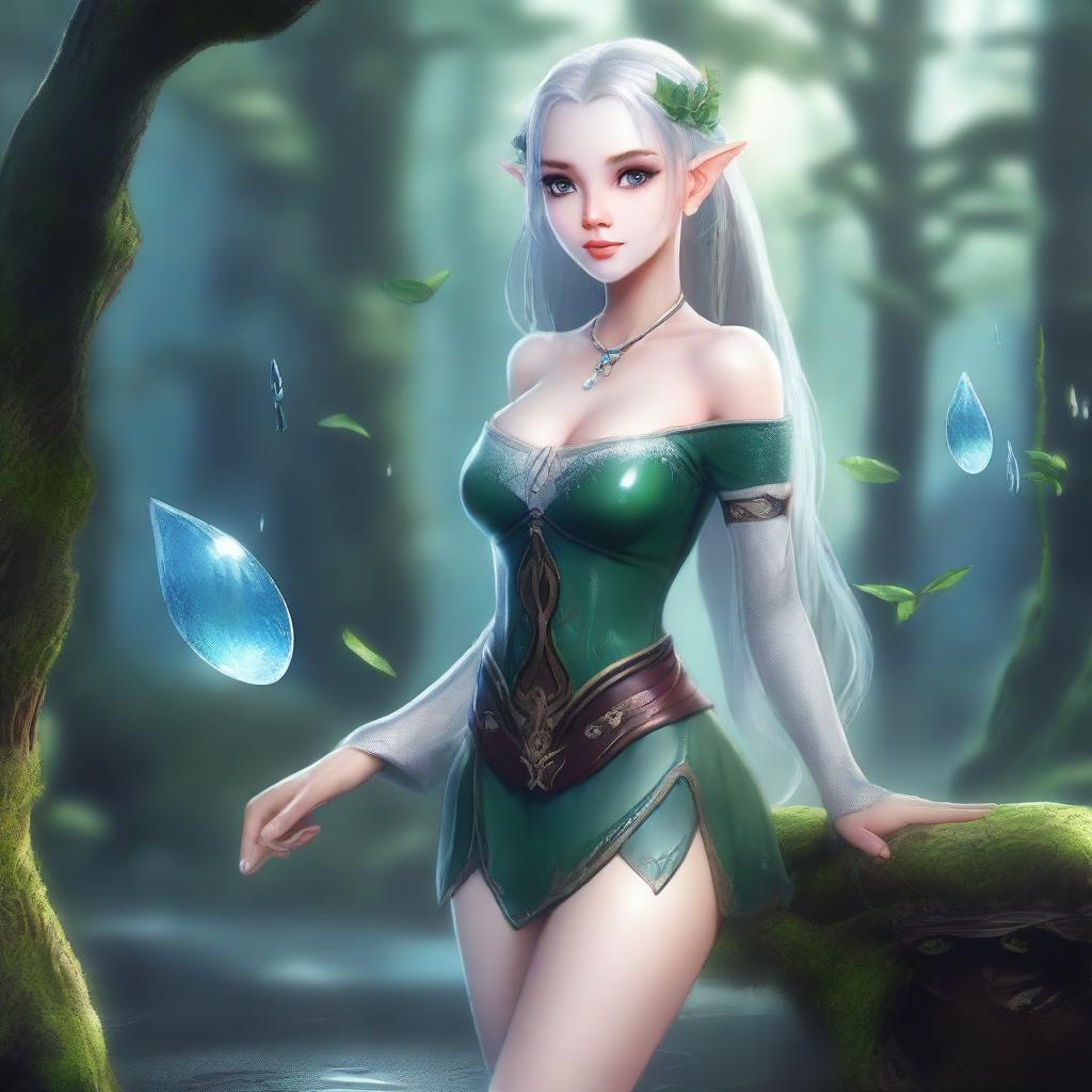 A fantasy elf character with a detailed and elegant appearance, wearing a miniskirt