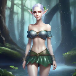 A fantasy elf character with a detailed and elegant appearance, wearing a miniskirt