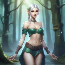 A fantasy elf character with a detailed and elegant appearance, wearing a miniskirt