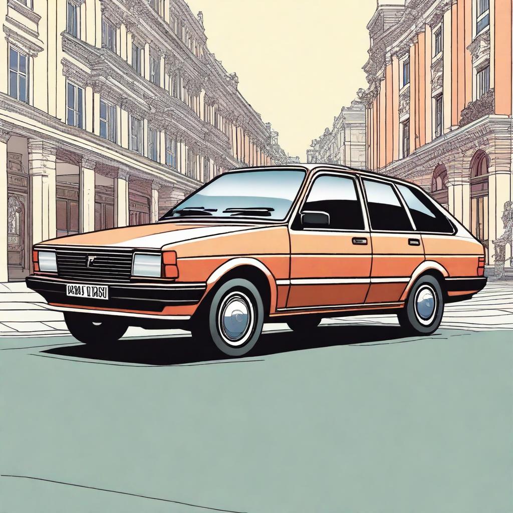 A detailed illustration of a classic FSO Polonez car parked on a city street