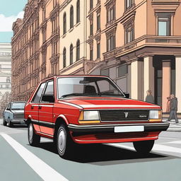 A detailed illustration of a classic FSO Polonez car parked on a city street