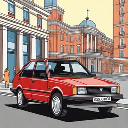 A detailed illustration of a classic FSO Polonez car parked on a city street