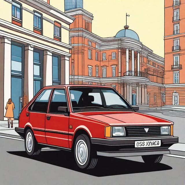 A detailed illustration of a classic FSO Polonez car parked on a city street