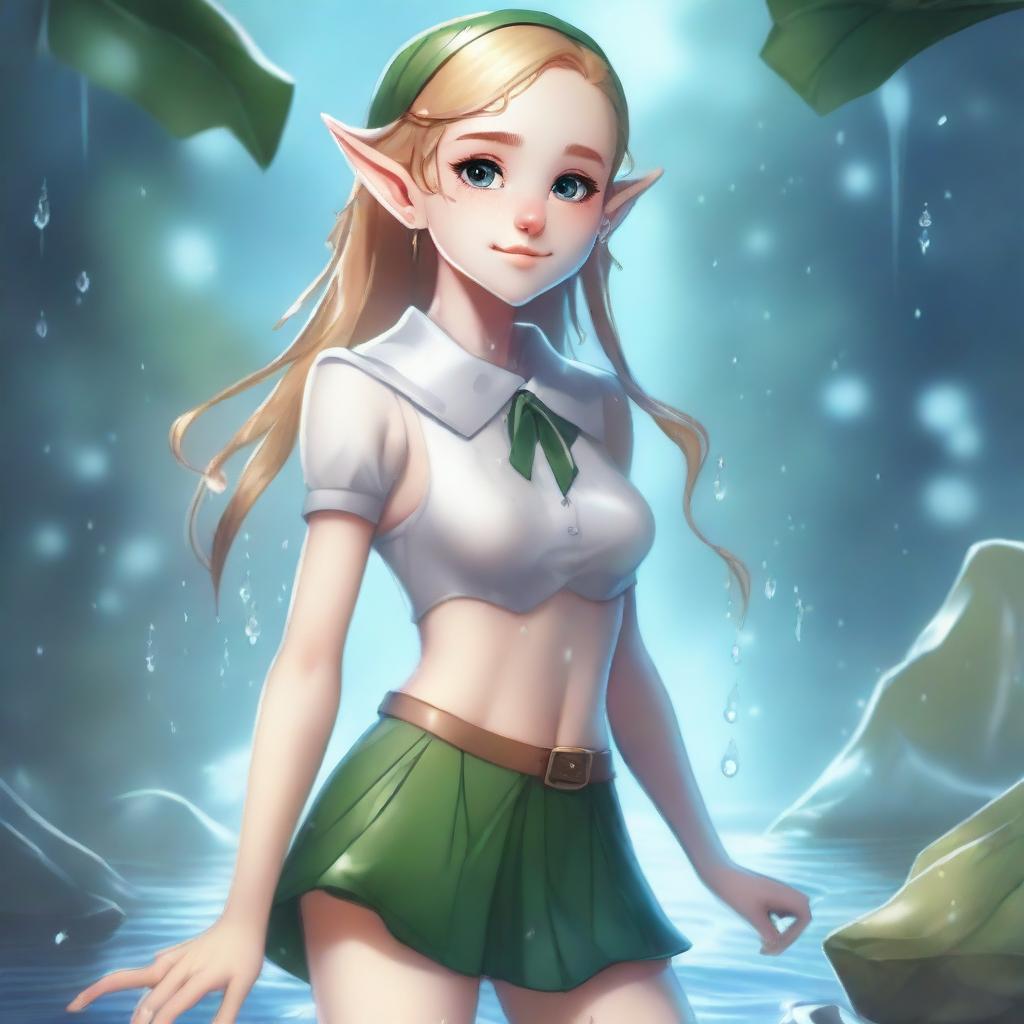 A fantasy illustration of an elf with exaggerated features, wearing a miniskirt and a school uniform