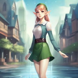 A fantasy illustration of an elf with exaggerated features, wearing a miniskirt and a school uniform