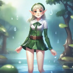 A fantasy illustration of an elf with exaggerated features, wearing a miniskirt and a school uniform