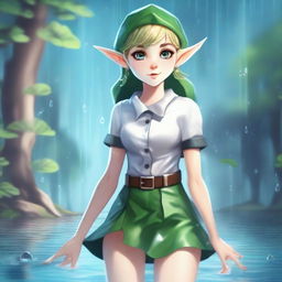 A fantasy illustration of an elf with exaggerated features, wearing a miniskirt and a school uniform