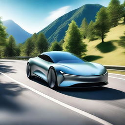 A high-resolution image of a sleek, modern car driving on a scenic mountain road