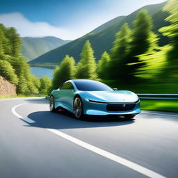 A high-resolution image of a sleek, modern car driving on a scenic mountain road