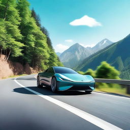 A high-resolution image of a sleek, modern car driving on a scenic mountain road