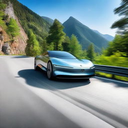 A high-resolution image of a sleek, modern car driving on a scenic mountain road