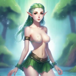 A fantasy illustration of an elf with exaggerated features, wearing a miniskirt and no school uniform