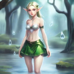 A fantasy illustration of an elf with exaggerated features, wearing a miniskirt and no school uniform