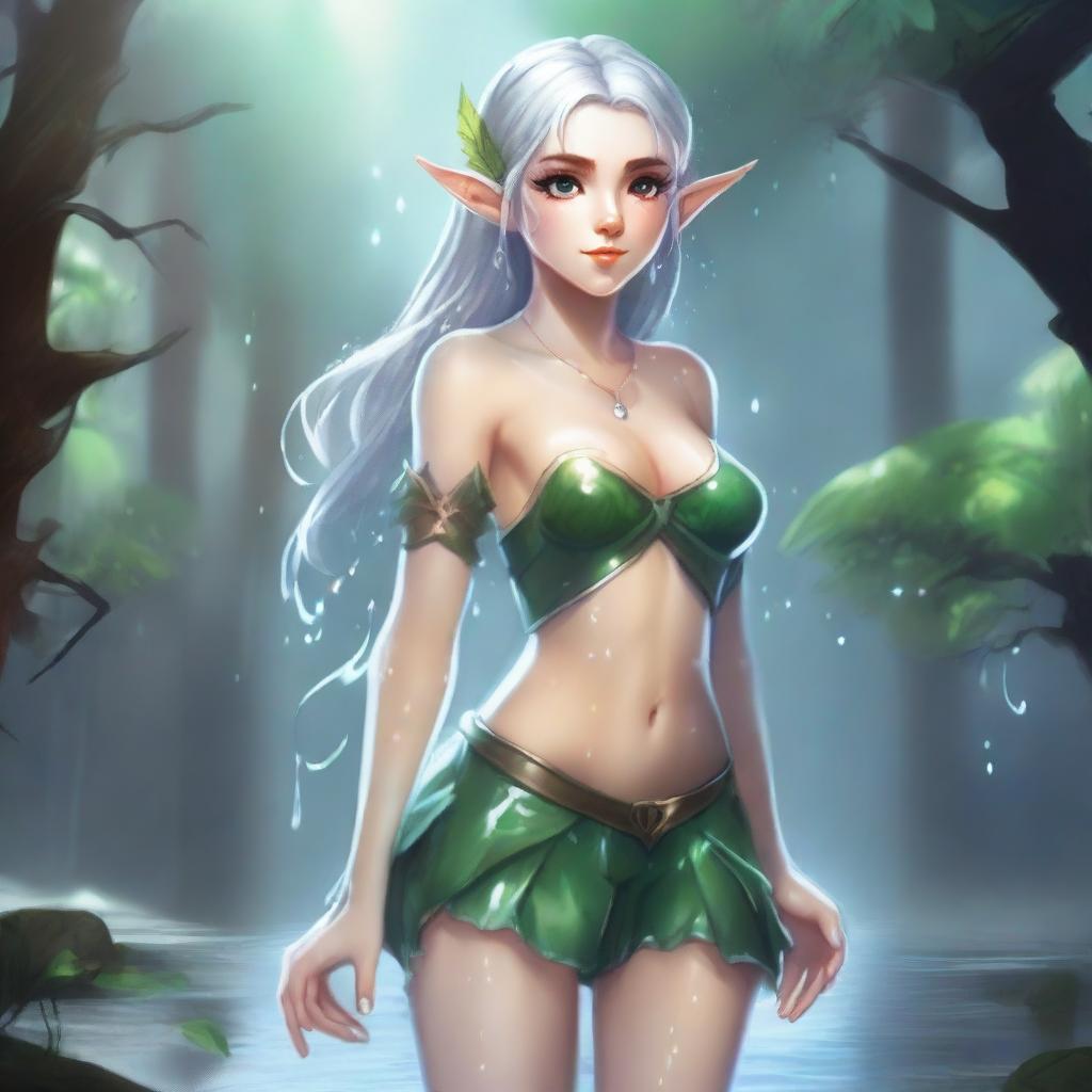 A fantasy illustration of an elf with exaggerated features, wearing a miniskirt and no school uniform