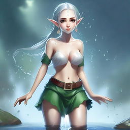 A fantasy illustration of an elf with exaggerated features, wearing a miniskirt and no school uniform