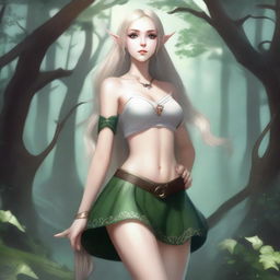 A fantasy illustration of an elf with exaggerated features, wearing a miniskirt and no school uniform