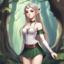 A fantasy illustration of an elf with exaggerated features, wearing a miniskirt and no school uniform